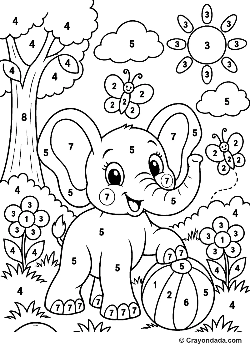 Baby Elephant Park Color by Number printable activity