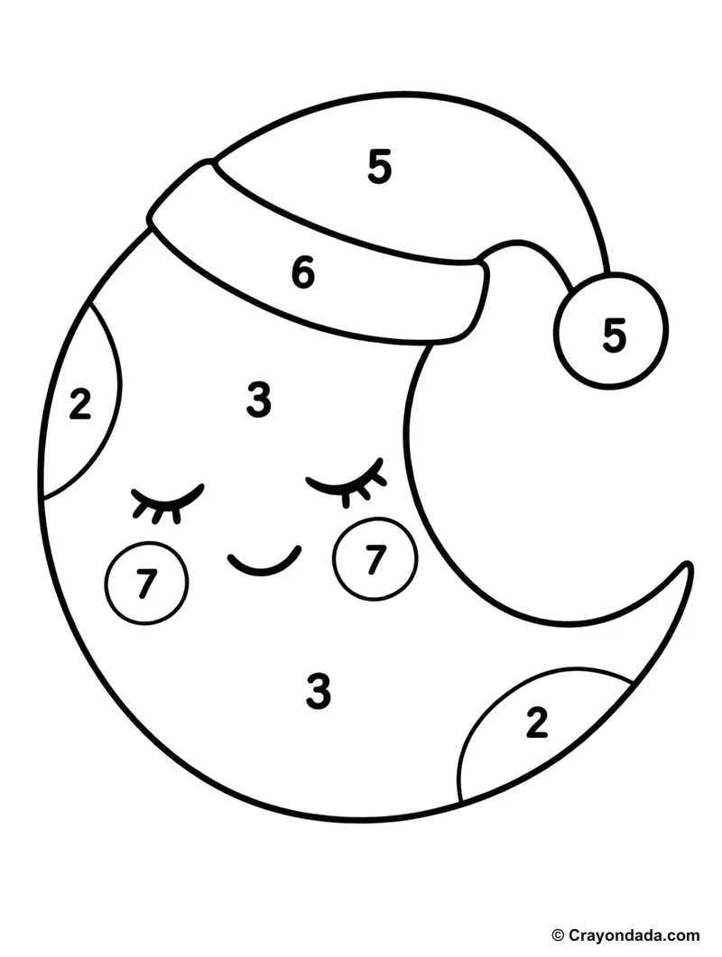 Colorful Crescent Moon Color by Number printable activity
