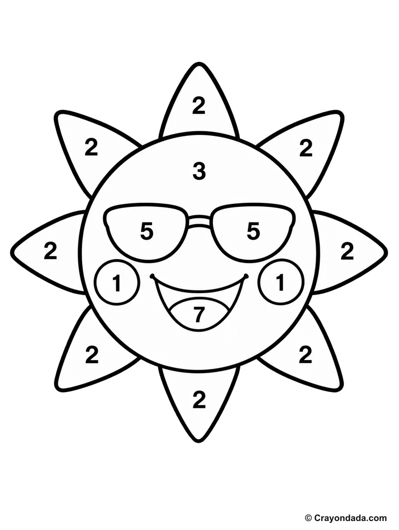 Colorful Smiling Sun Color by Number printable activity