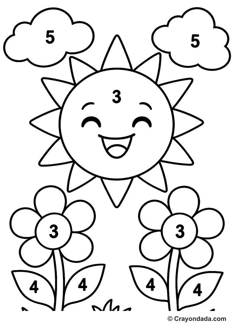 Beginner Happy Sun Color by Number printable activity