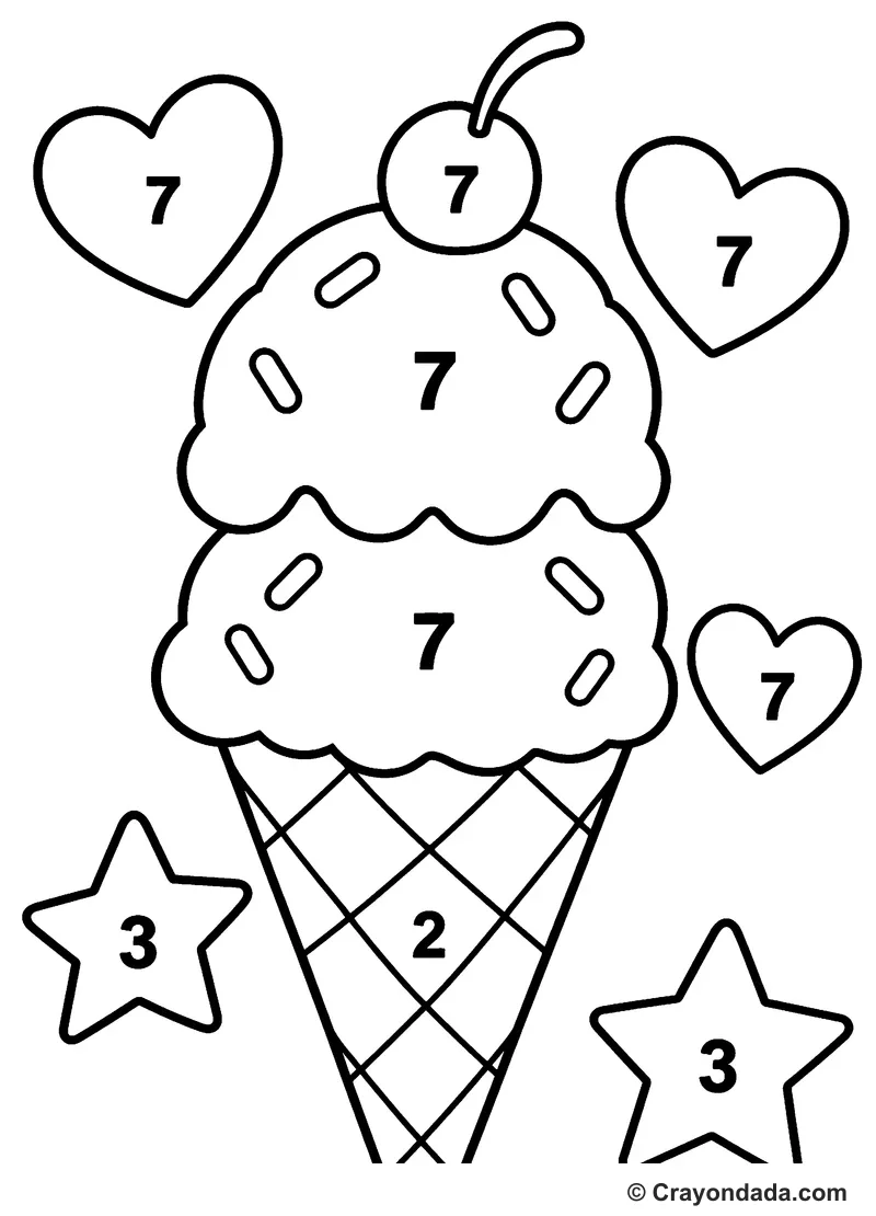 Beginner Ice Cream Cone Color by Number printable activity
