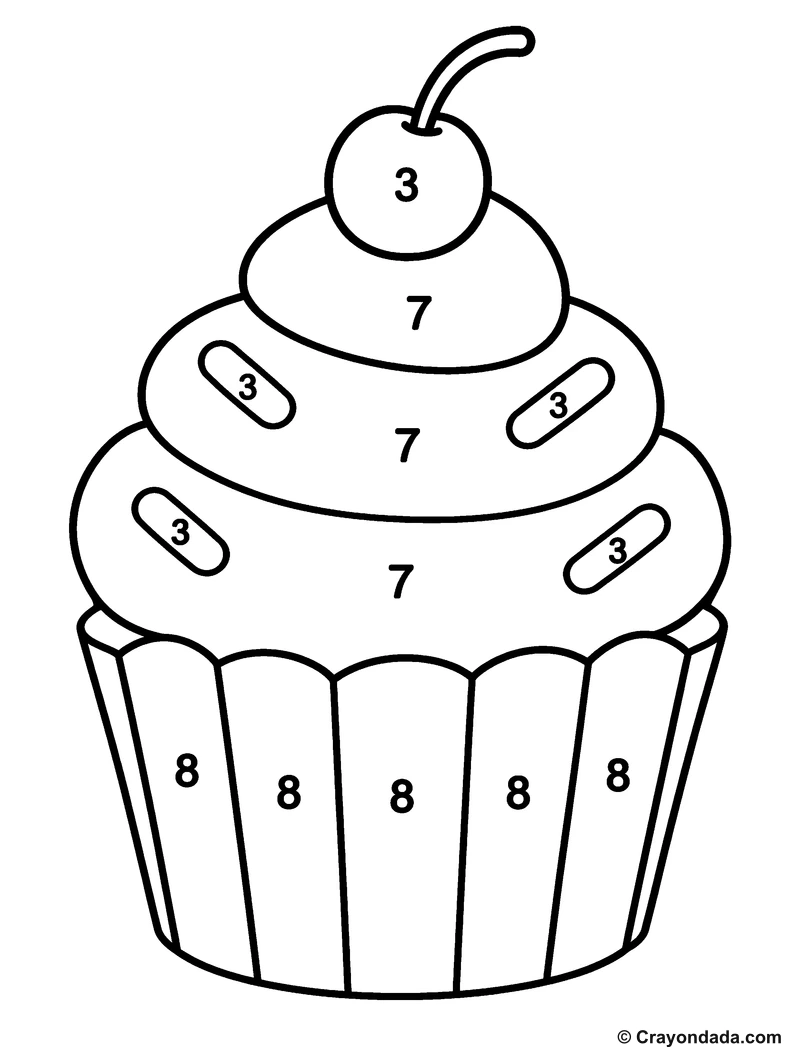 Pink Cupcake color by number printable activity