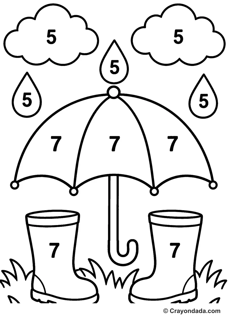 Beginner Rain Umbrella Color by Number printable activity