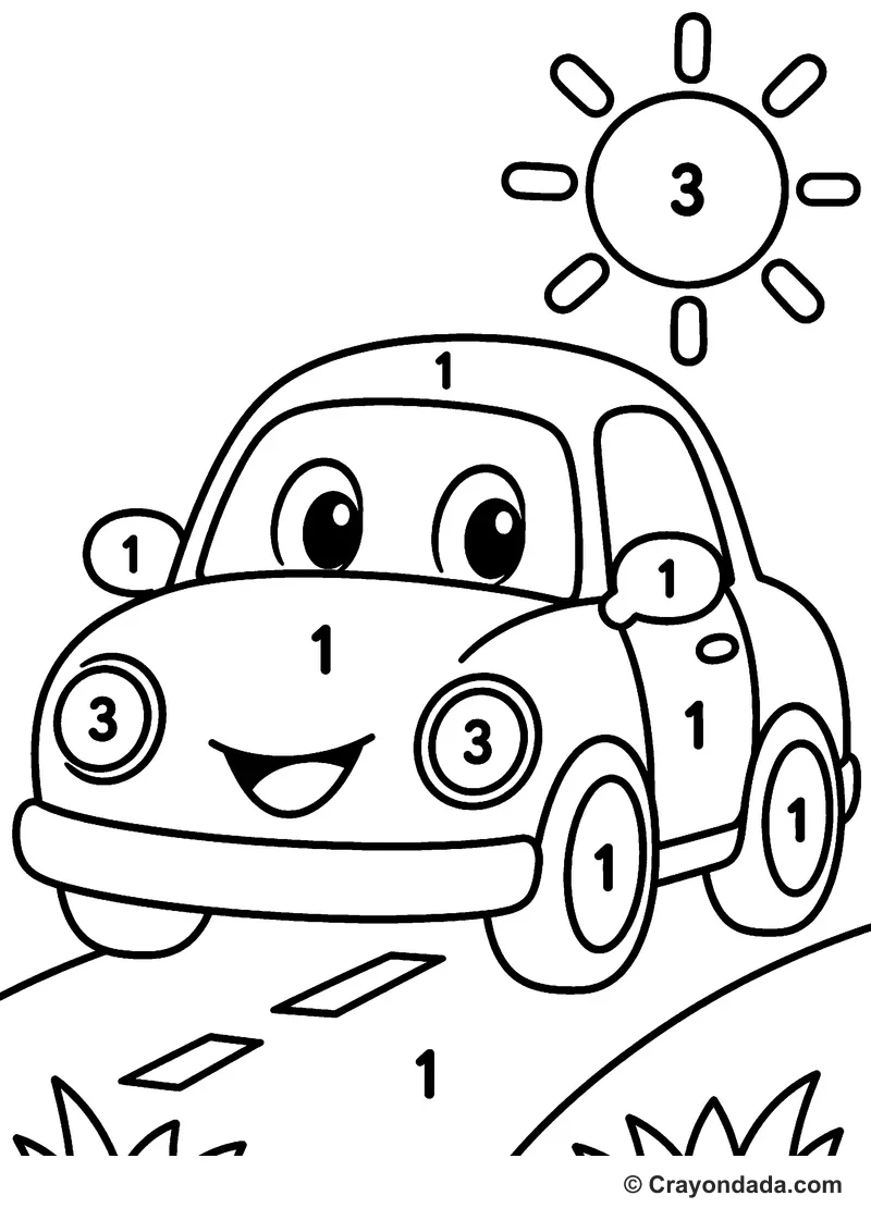 Beginner Red Car Color by Number printable activity