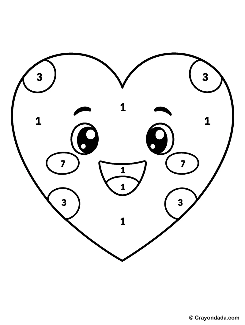 Red Heart color by number printable activity