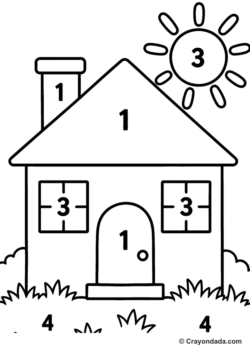 Beginner Simple House Color by Number printable activity