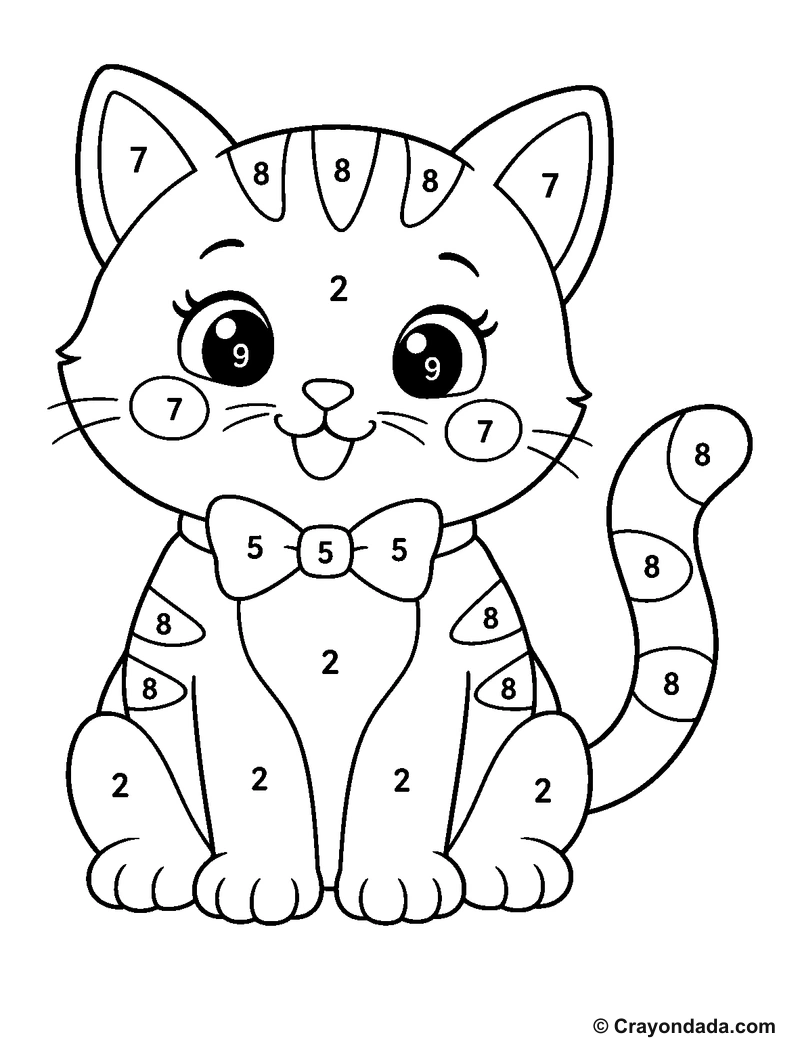 Solid Line Kitten Color by Number printable activity