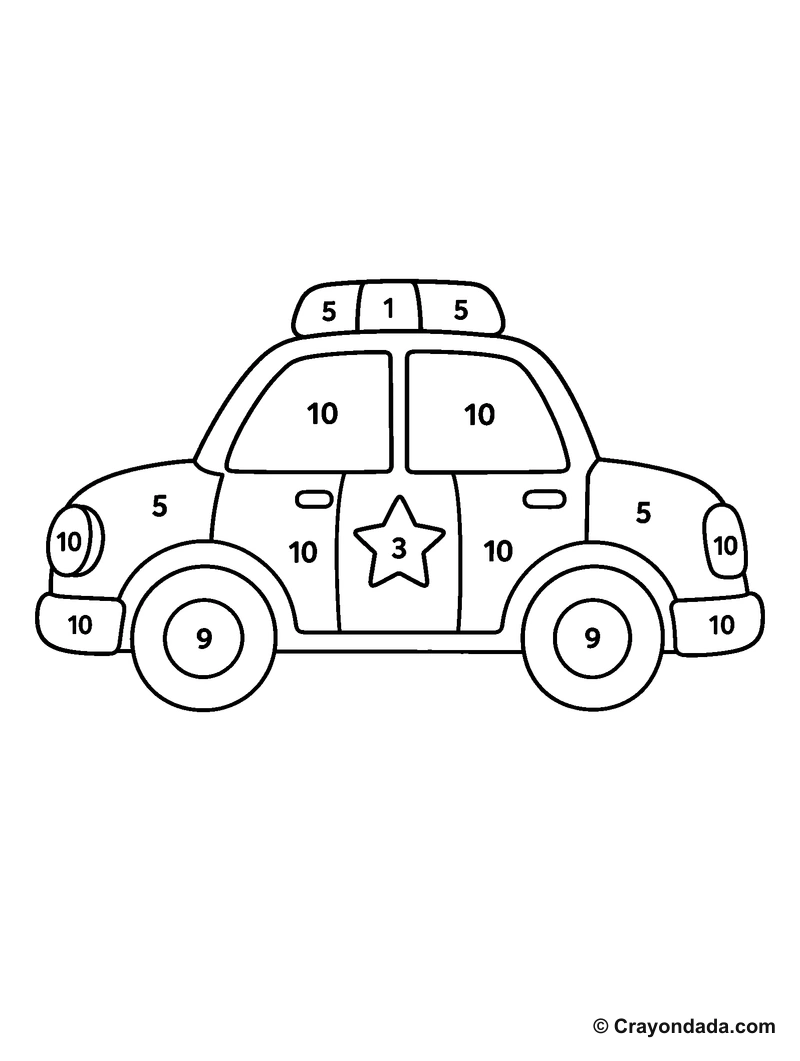 Solid Line Police Car Color by Number printable activity
