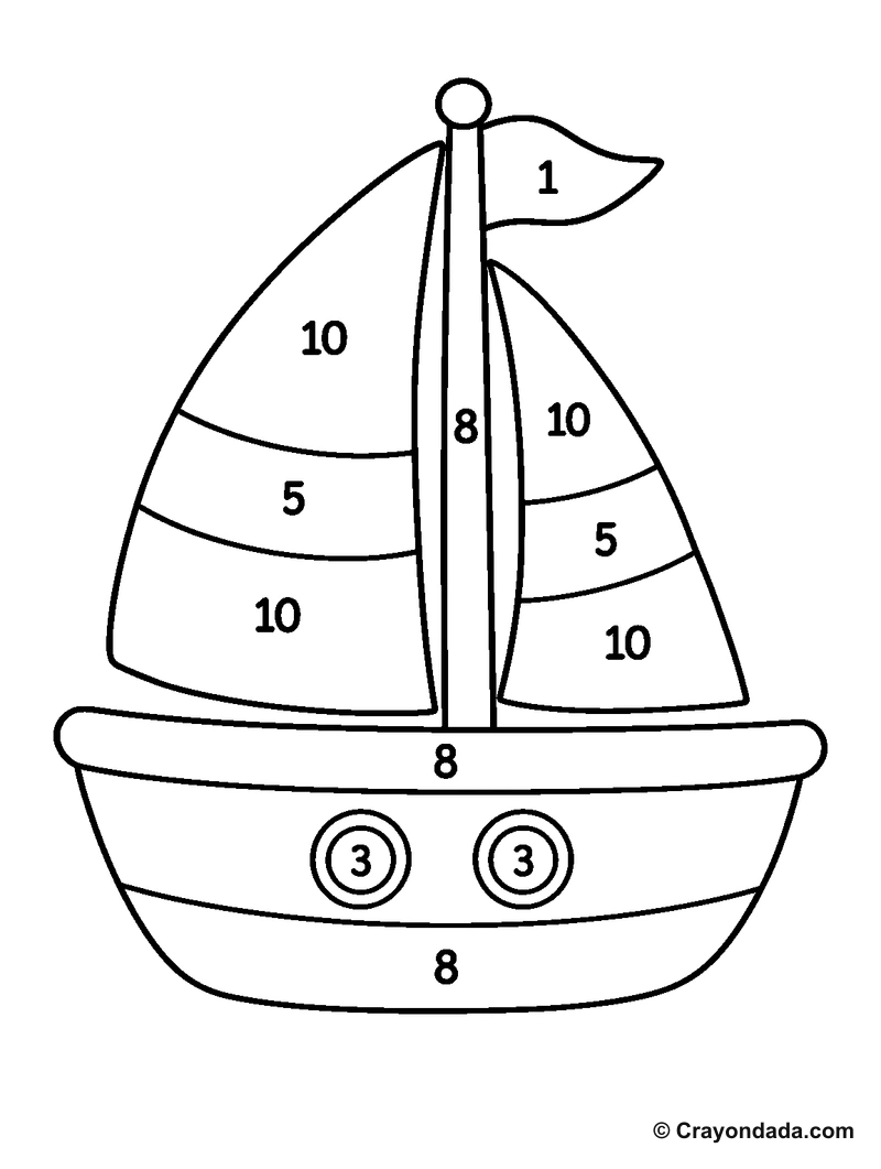 Solid Line Sailboat Color by Number printable activity