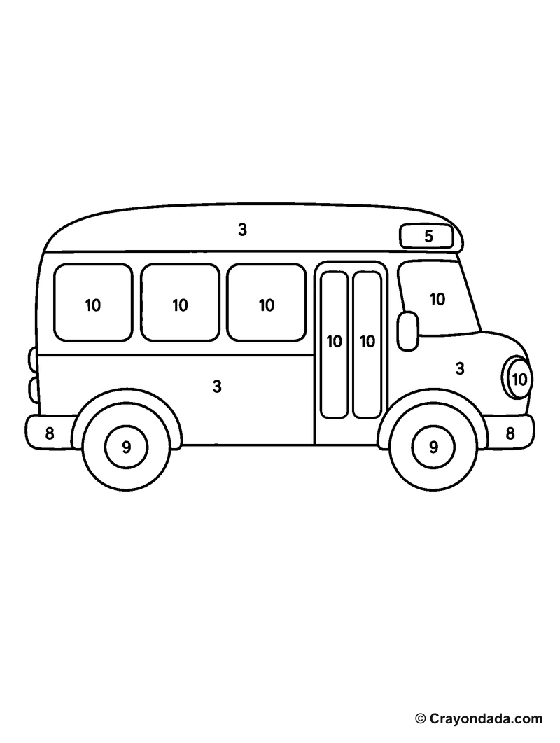 Solid Line School Bus Color by Number printable activity