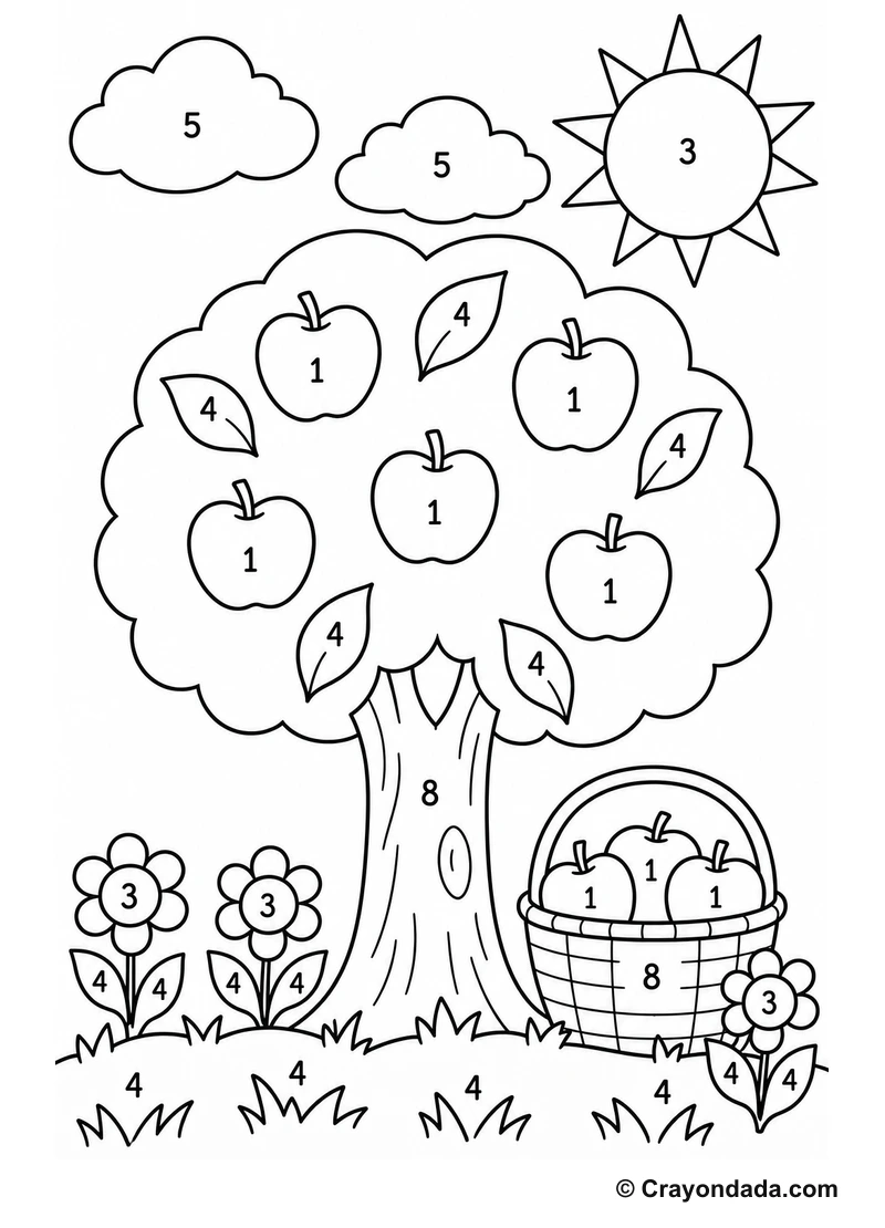 Big Apple Tree easy color by number worksheet for kids
