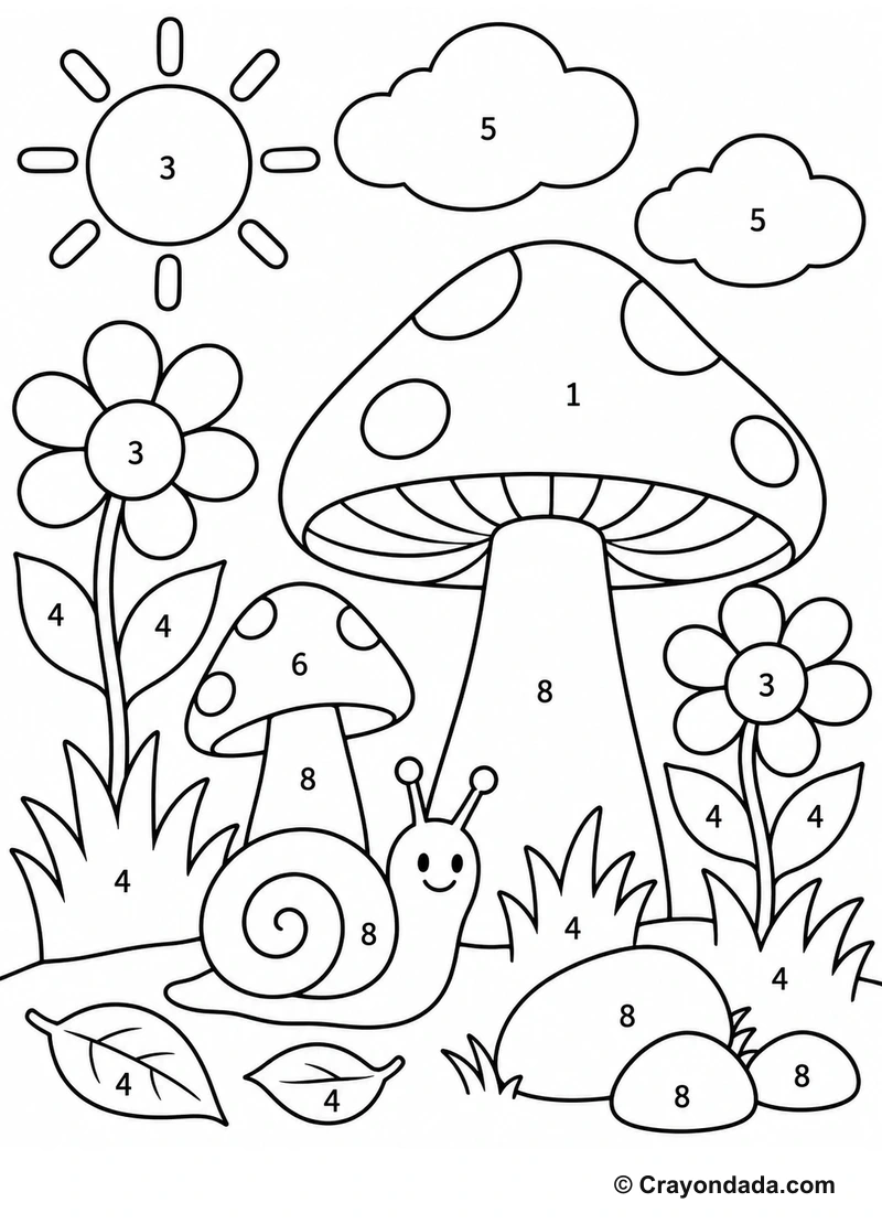 Big Mushroom Garden easy color by number worksheet for kids