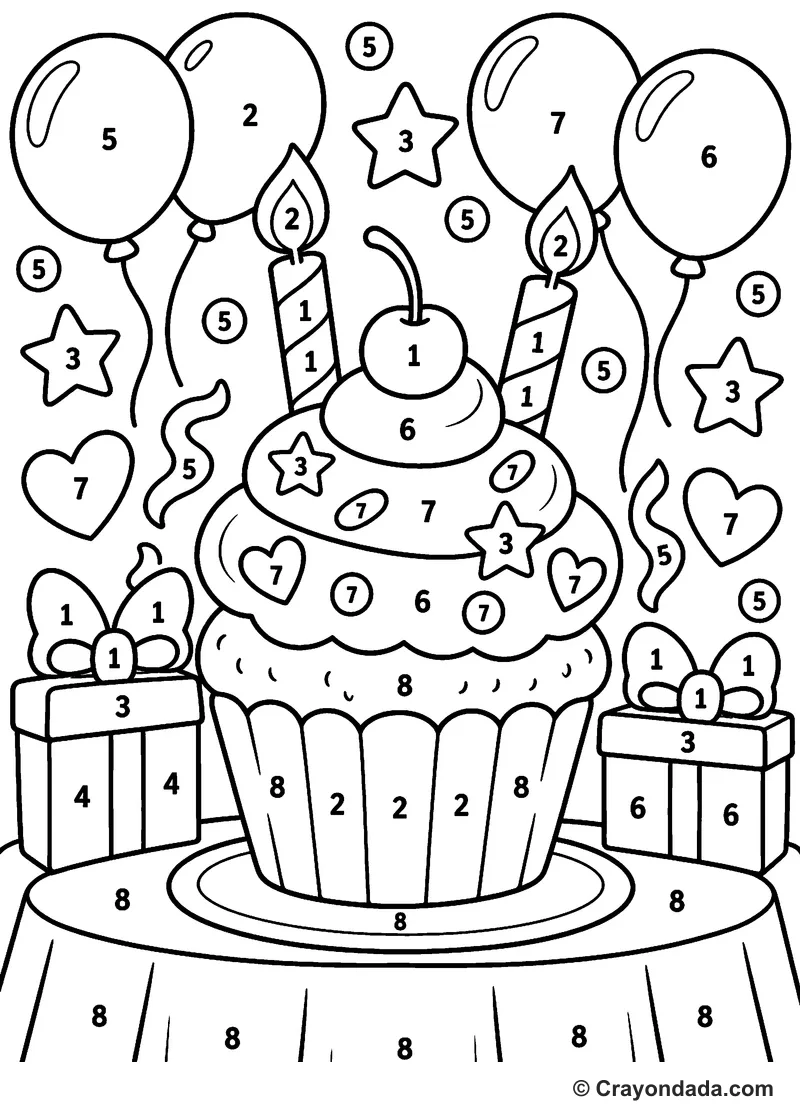 Birthday Cupcake Party Color by Number printable activity