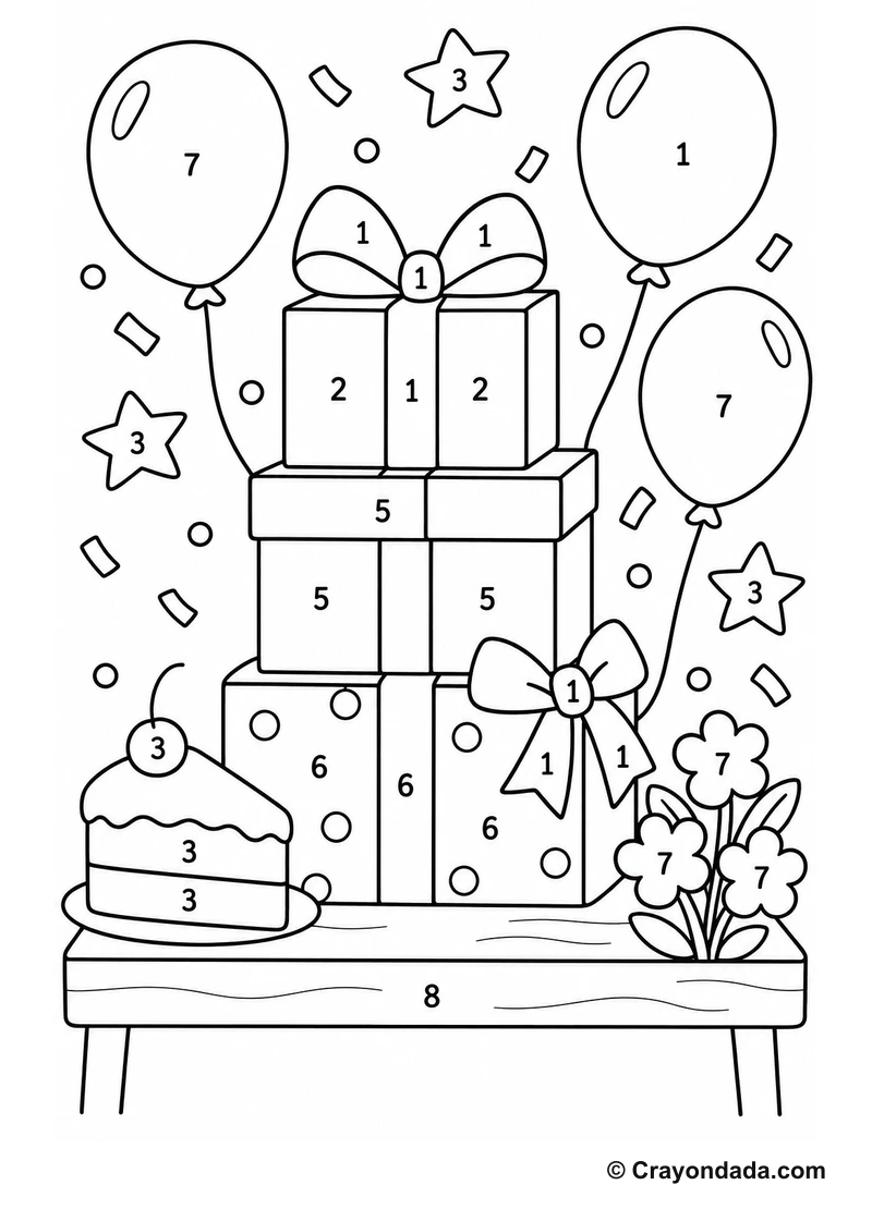 Birthday Gift Stack easy color by number worksheet for kids