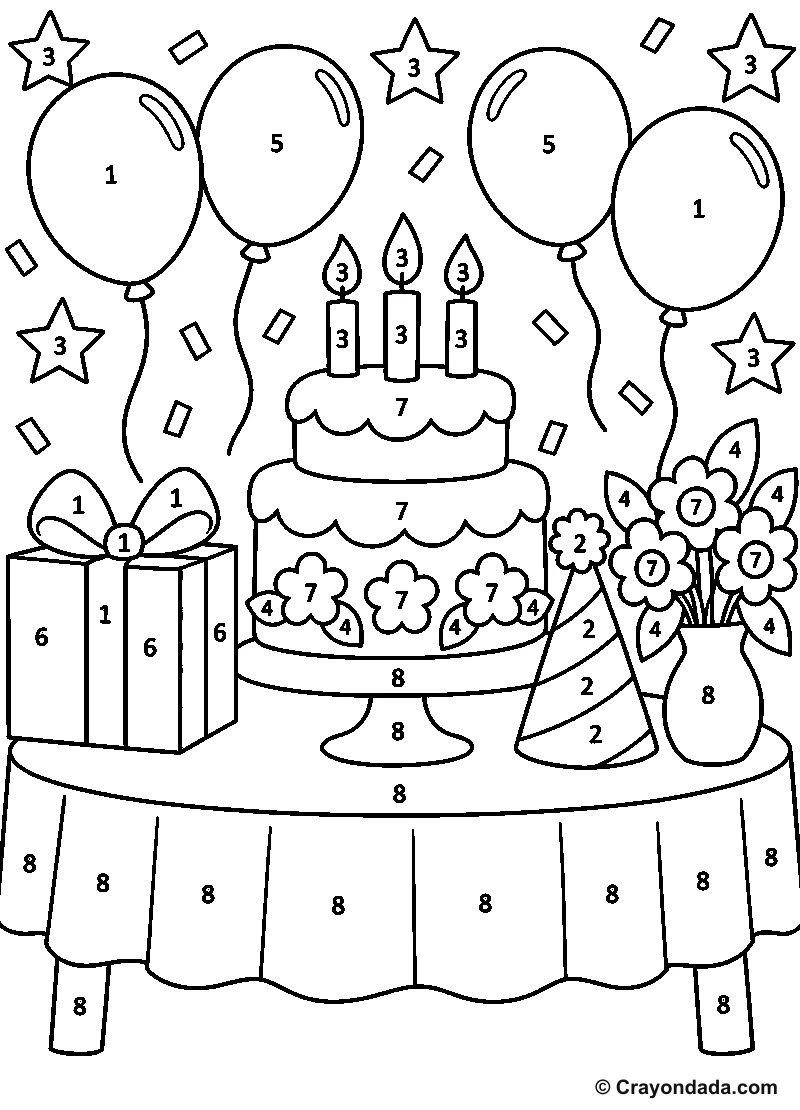 Birthday Party Table Color by Number printable activity