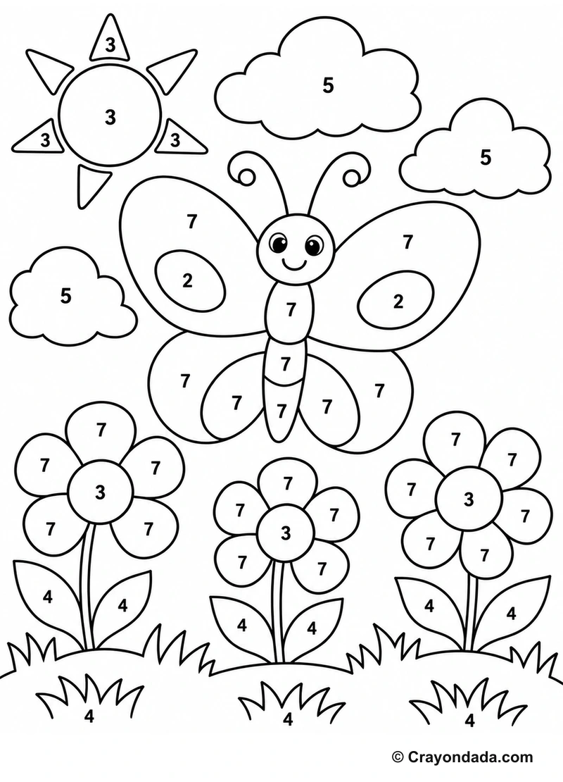 Butterfly Flower Field easy color by number worksheet for kids