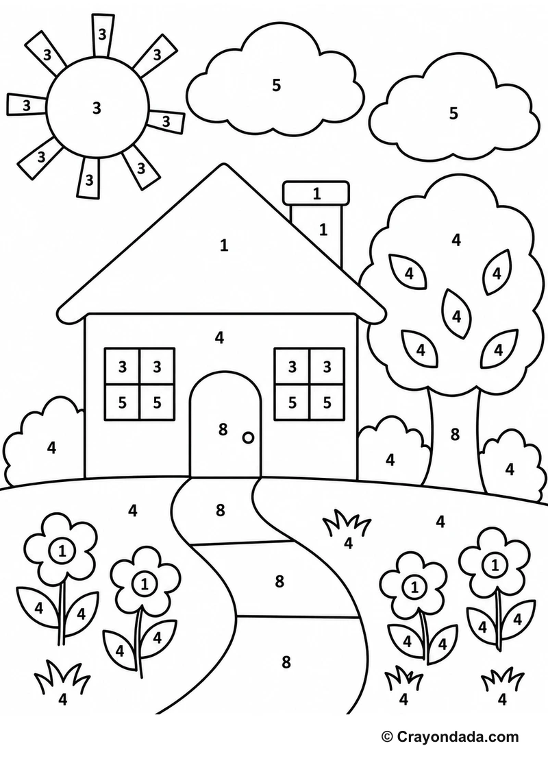 Cozy Little House easy color by number worksheet for kids