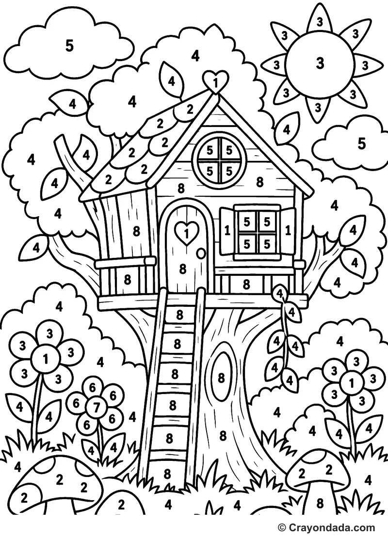 Cozy Treehouse Day Color by Number printable activity