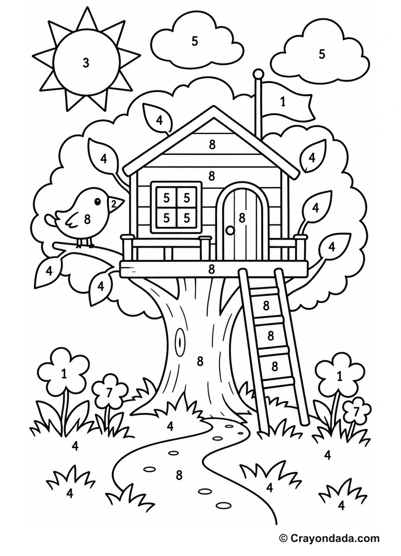 Cozy Treehouse easy color by number worksheet for kids