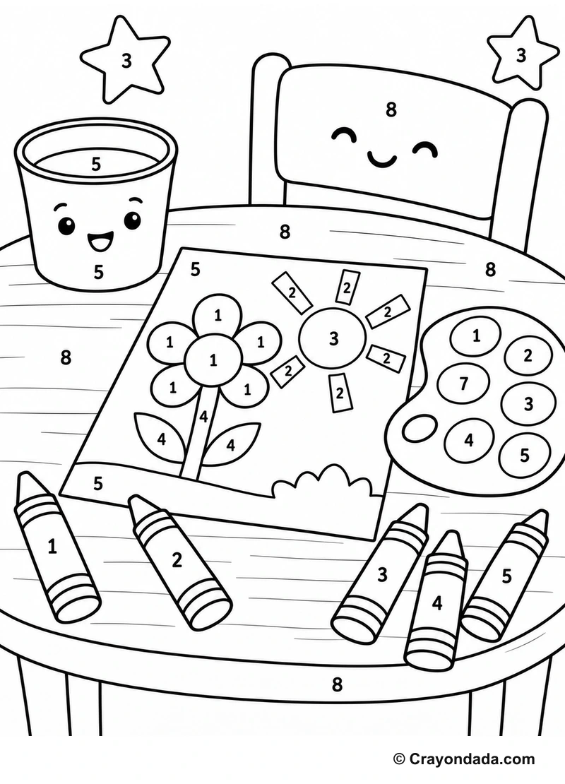 Crayon Art Table easy color by number worksheet for kids