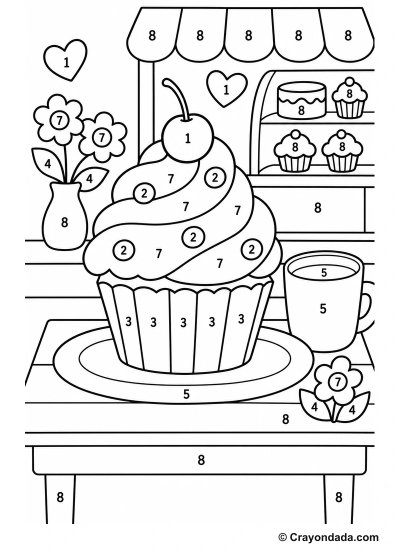 Cute Cupcake Bakery easy color by number worksheet for kids