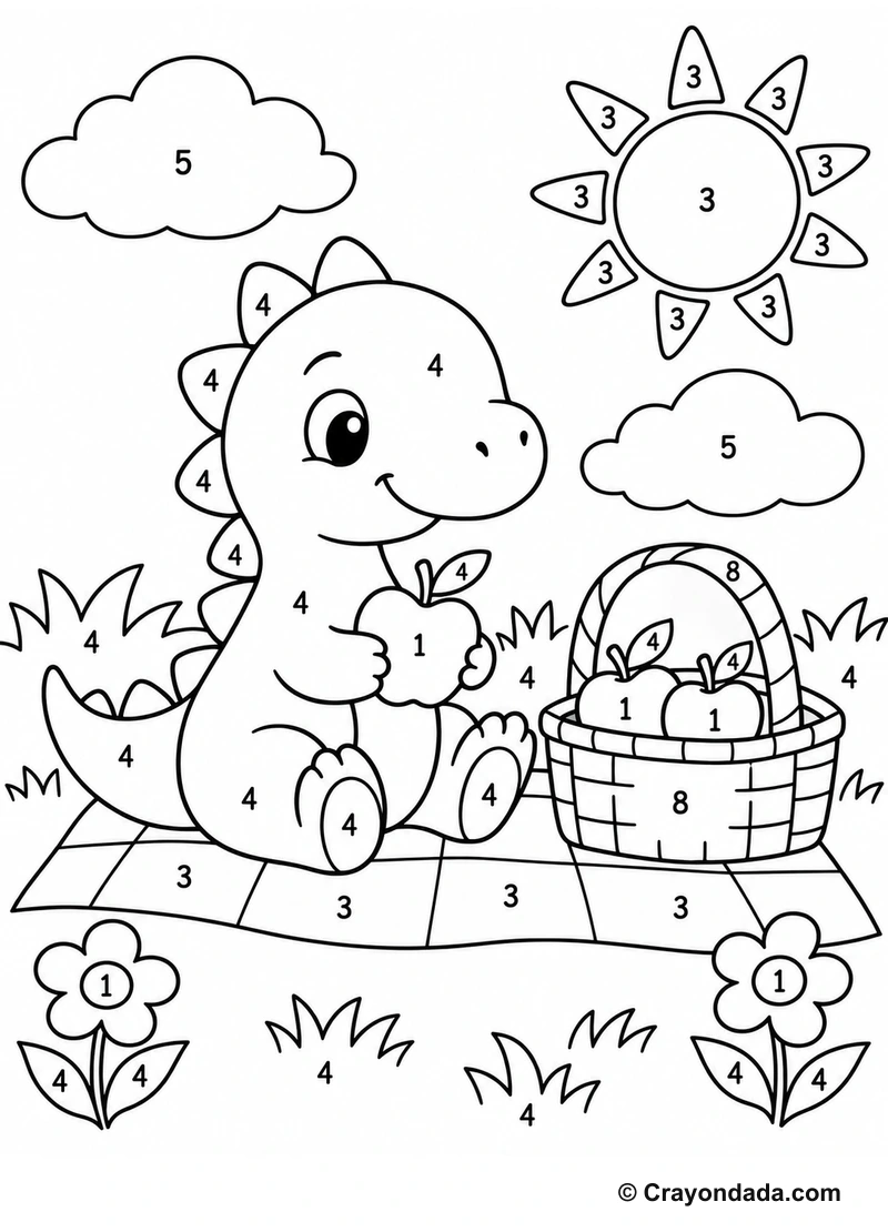 Cute Dinosaur Picnic easy color by number worksheet for kids