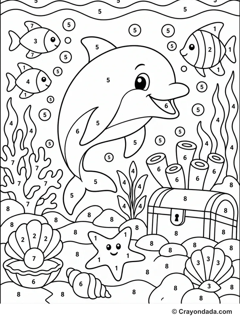 Cute Dolphin Underwater Adventure Color by Number printable activity