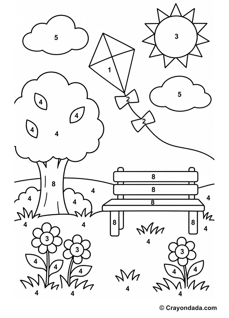 Cute Kite Park easy color by number worksheet for kids