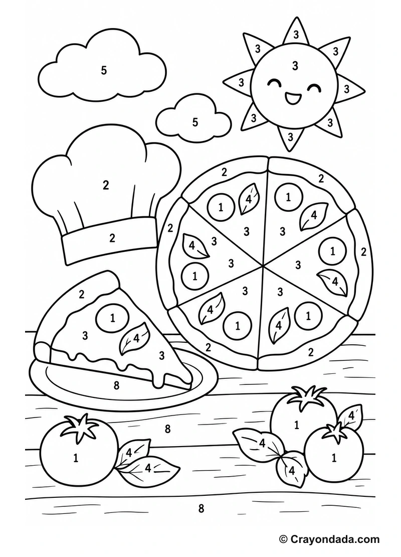 Cute Pizza Party easy color by number worksheet for kids