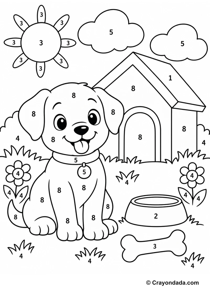 Cute Puppy House easy color by number worksheet for kids