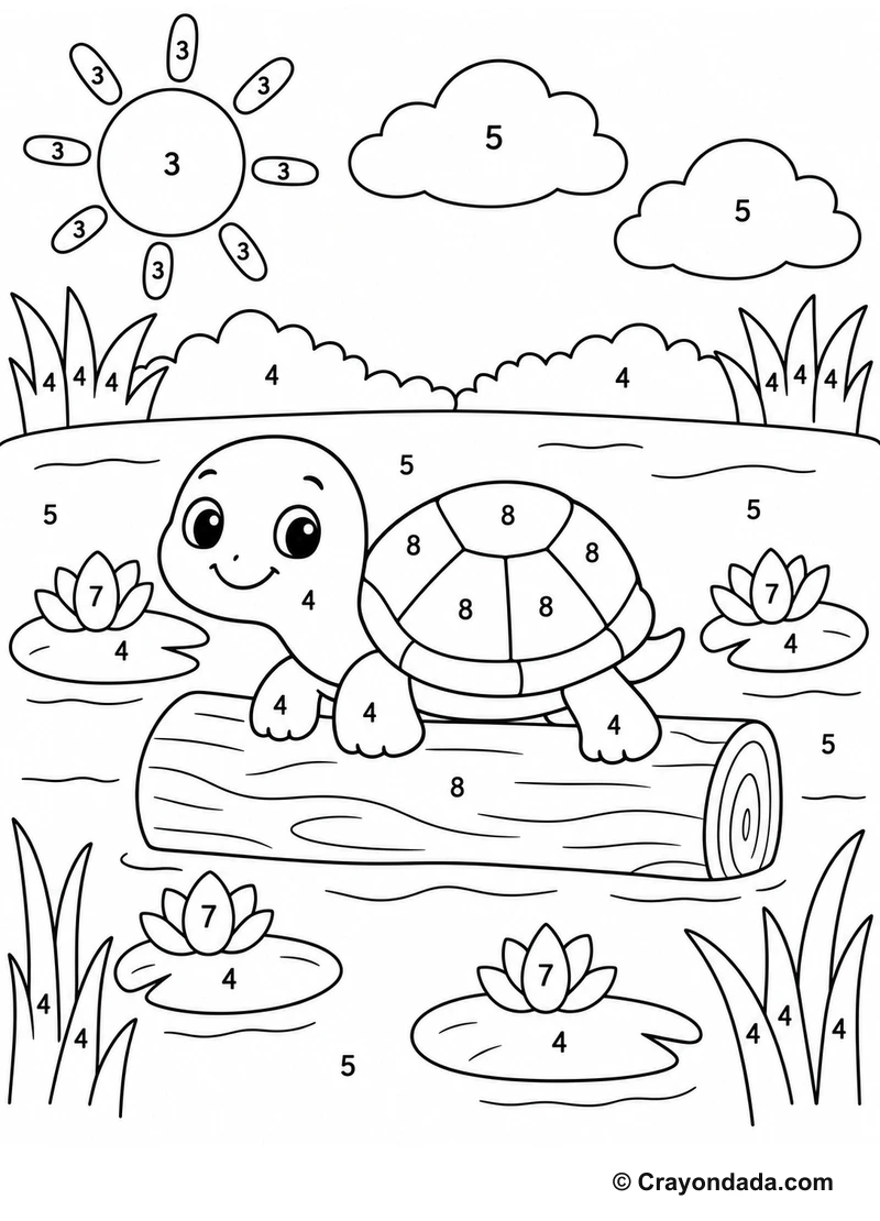 Cute Turtle Pond easy color by number worksheet for kids