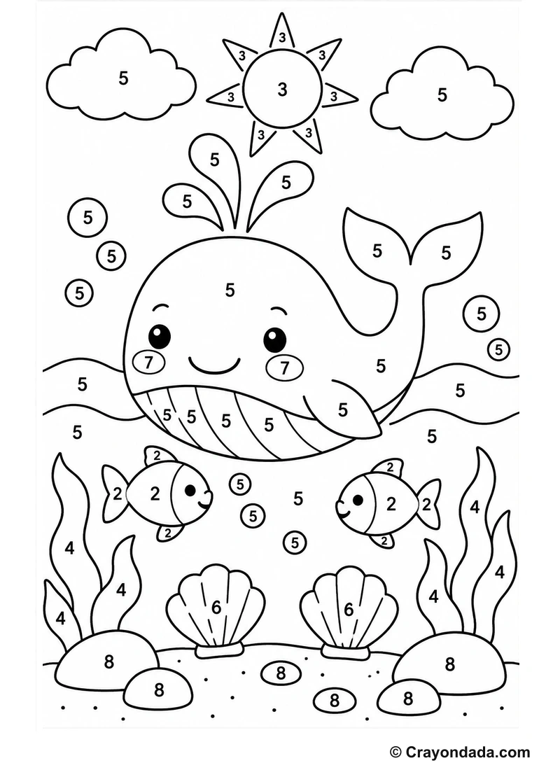 Cute Whale Splash easy color by number worksheet for kids