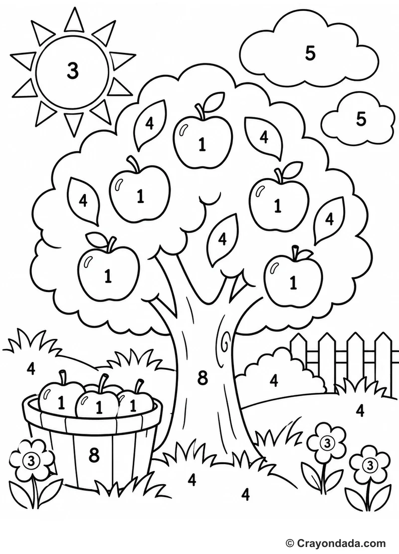 Apple Tree Basket Color by Number printable activity