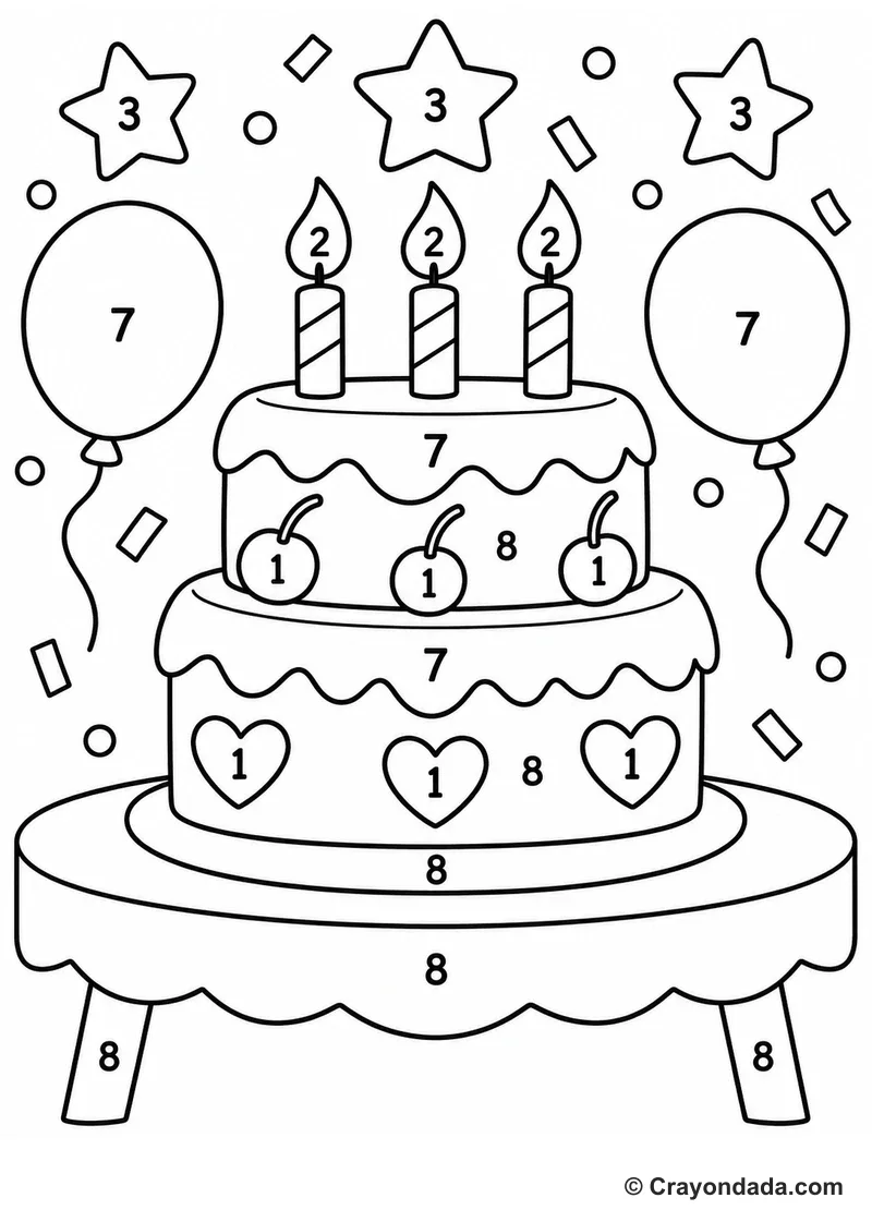 Birthday Cake Party Color by Number printable activity