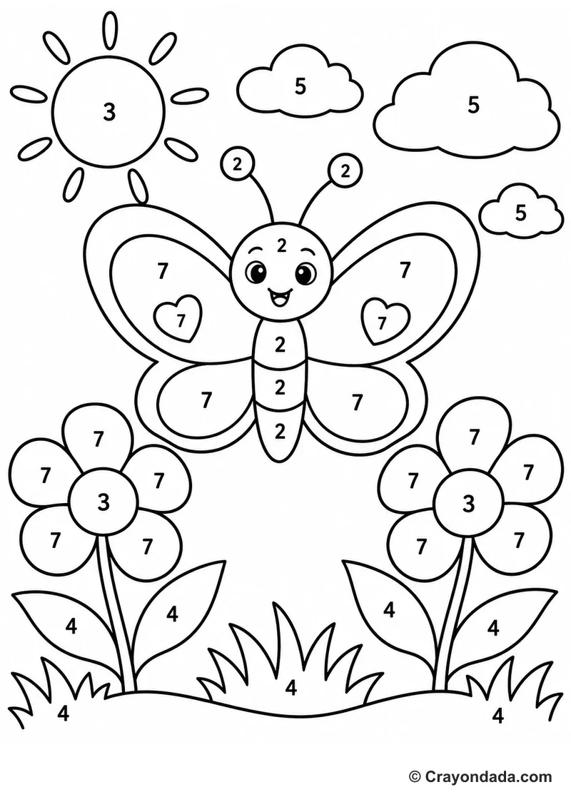 Butterfly Flower Garden Color by Number printable activity