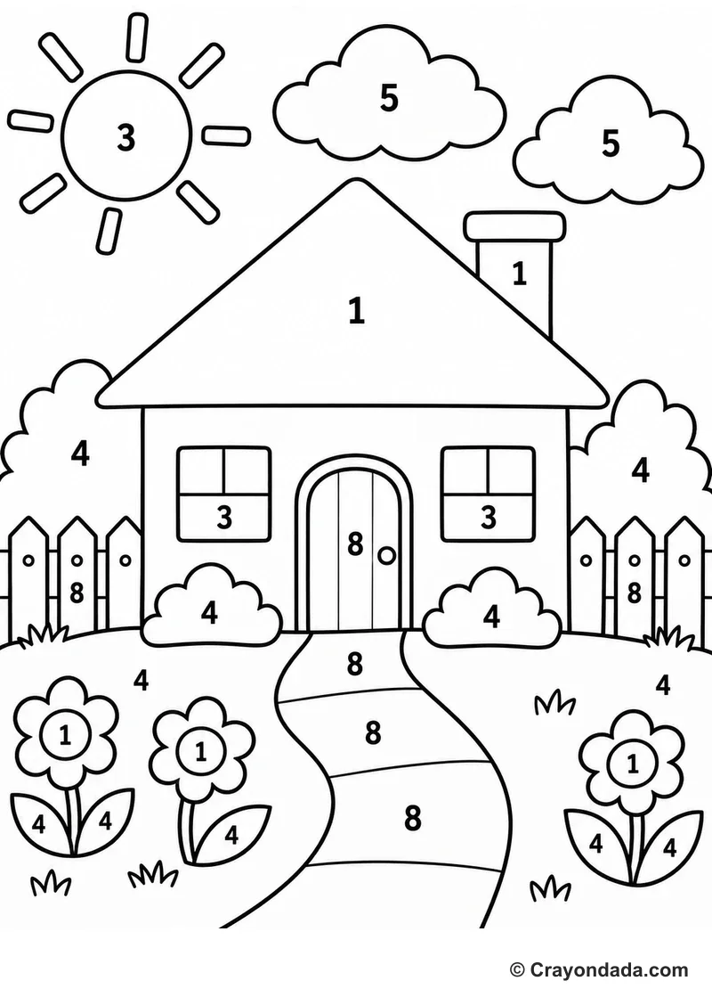 Cozy House Garden Color by Number printable activity