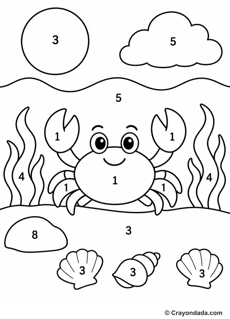 Crab Simple Beach Color by Number printable activity