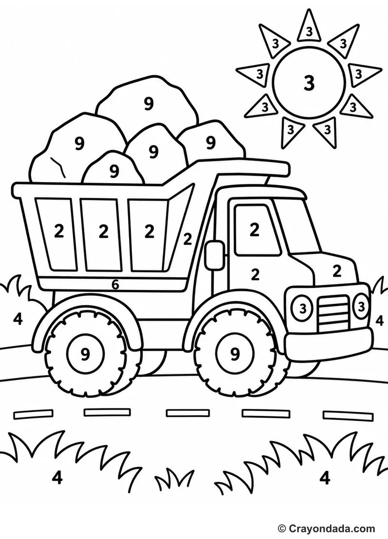 Dump Truck Road Color by Number printable activity