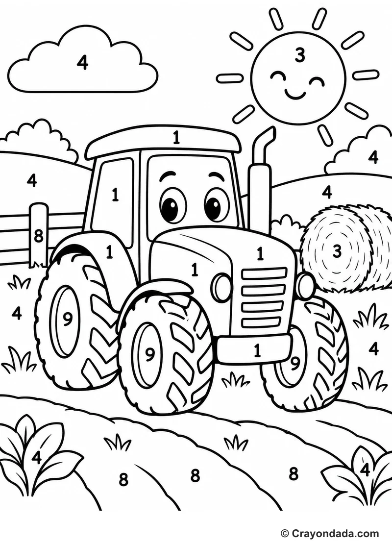 Farm Tractor Field Color by Number printable activity