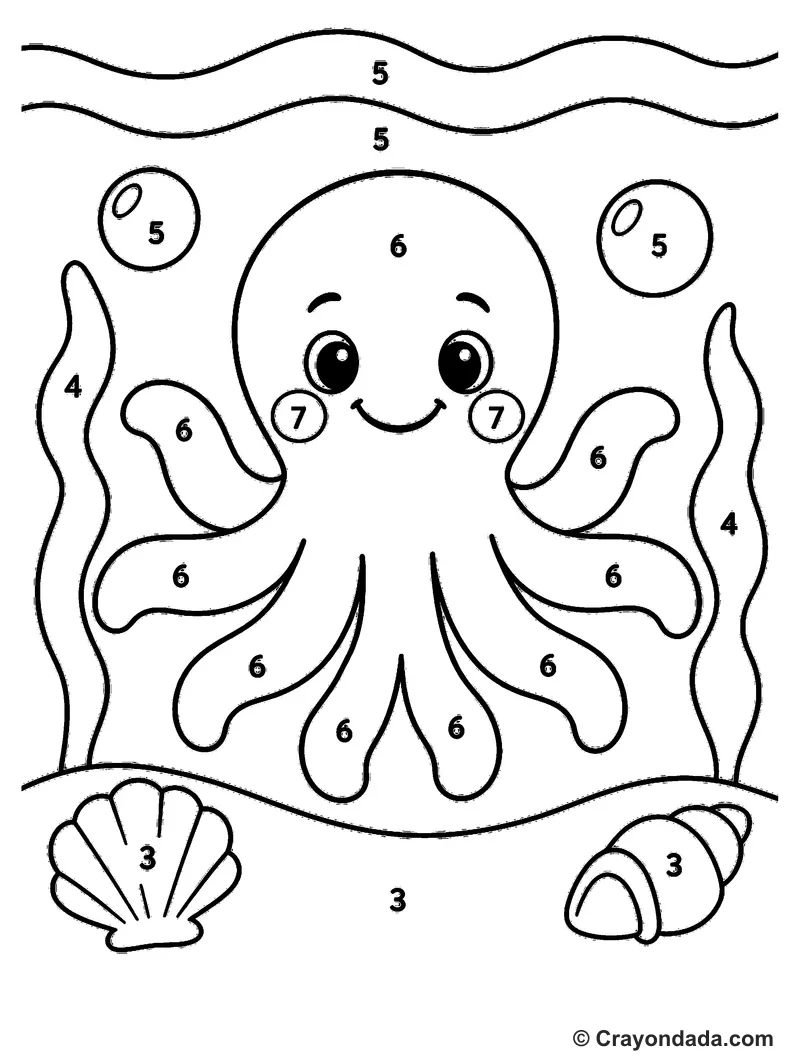 Happy Octopus Underwater Color by Number printable activity