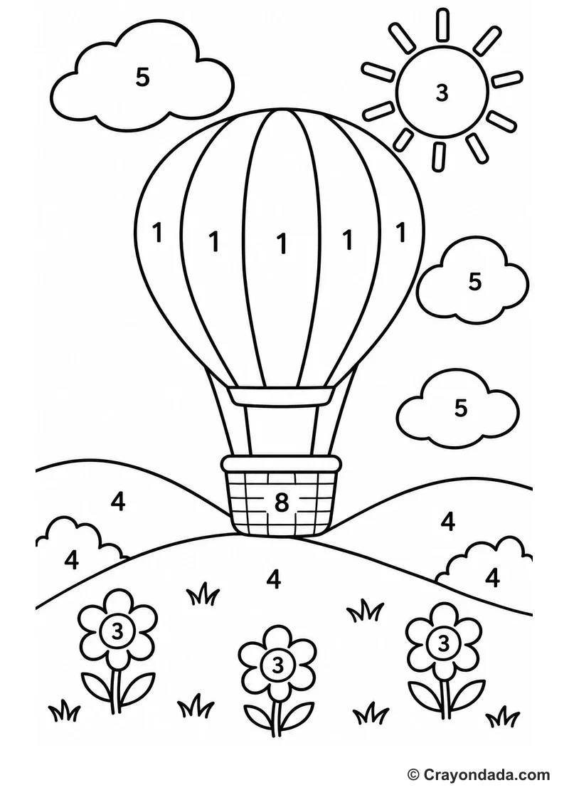 Hot Air Balloon Hills Color by Number printable activity