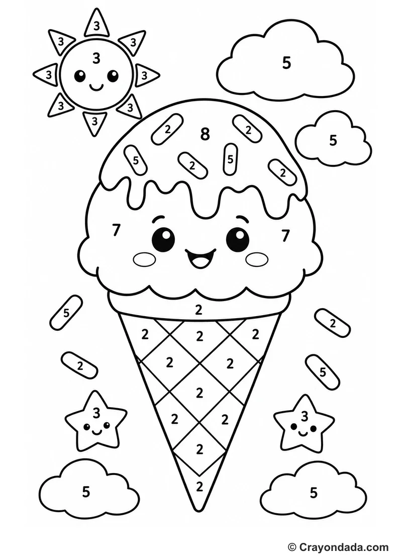 Ice Cream Cone Treat Color by Number printable activity