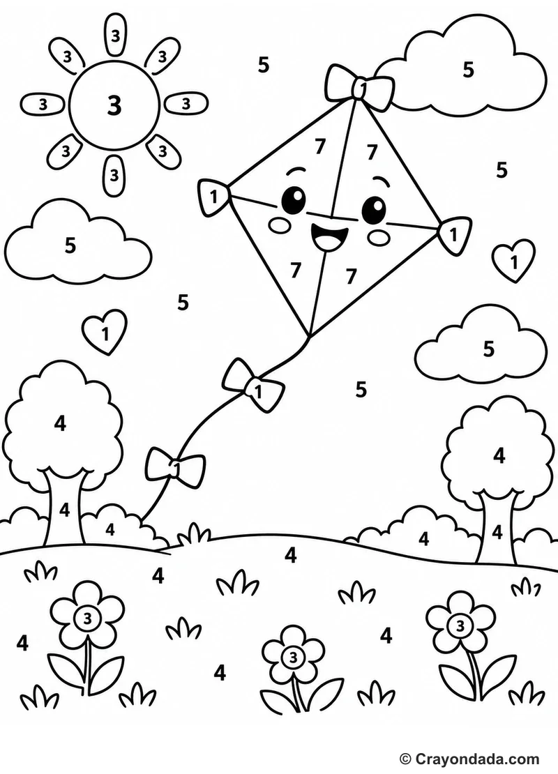 Kite Park Day Color by Number printable activity