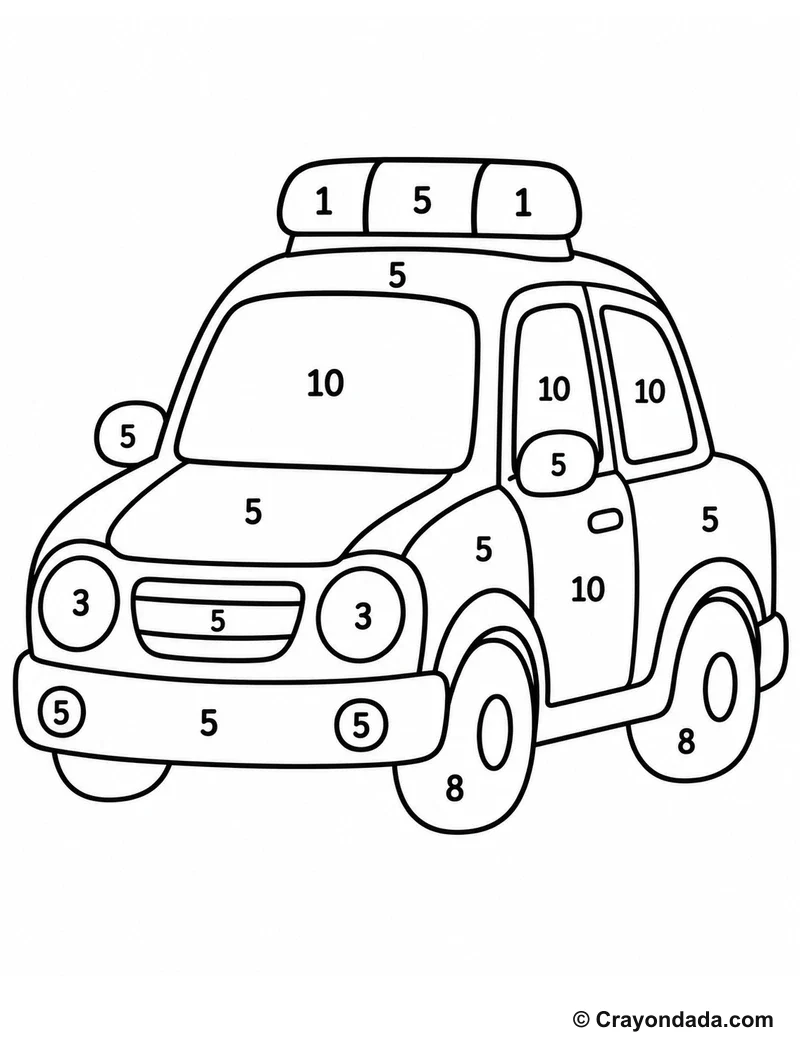 Police Car Color by Number printable worksheet