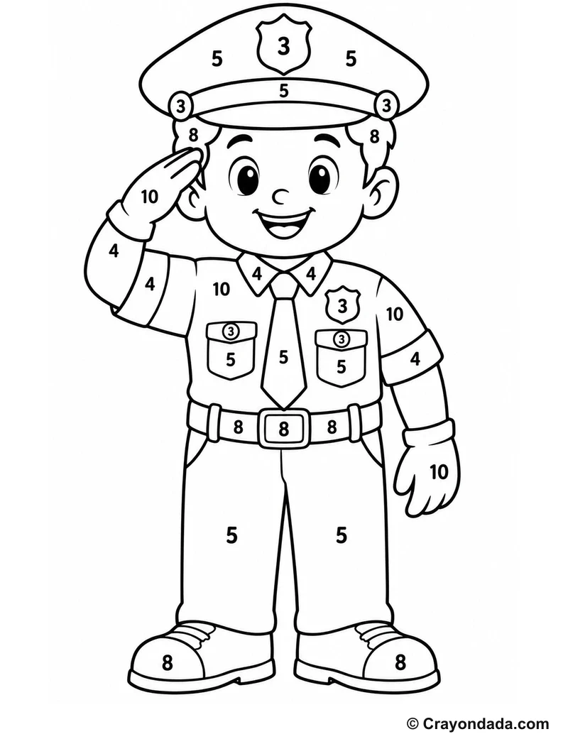 Police Officer Color by Number printable worksheet