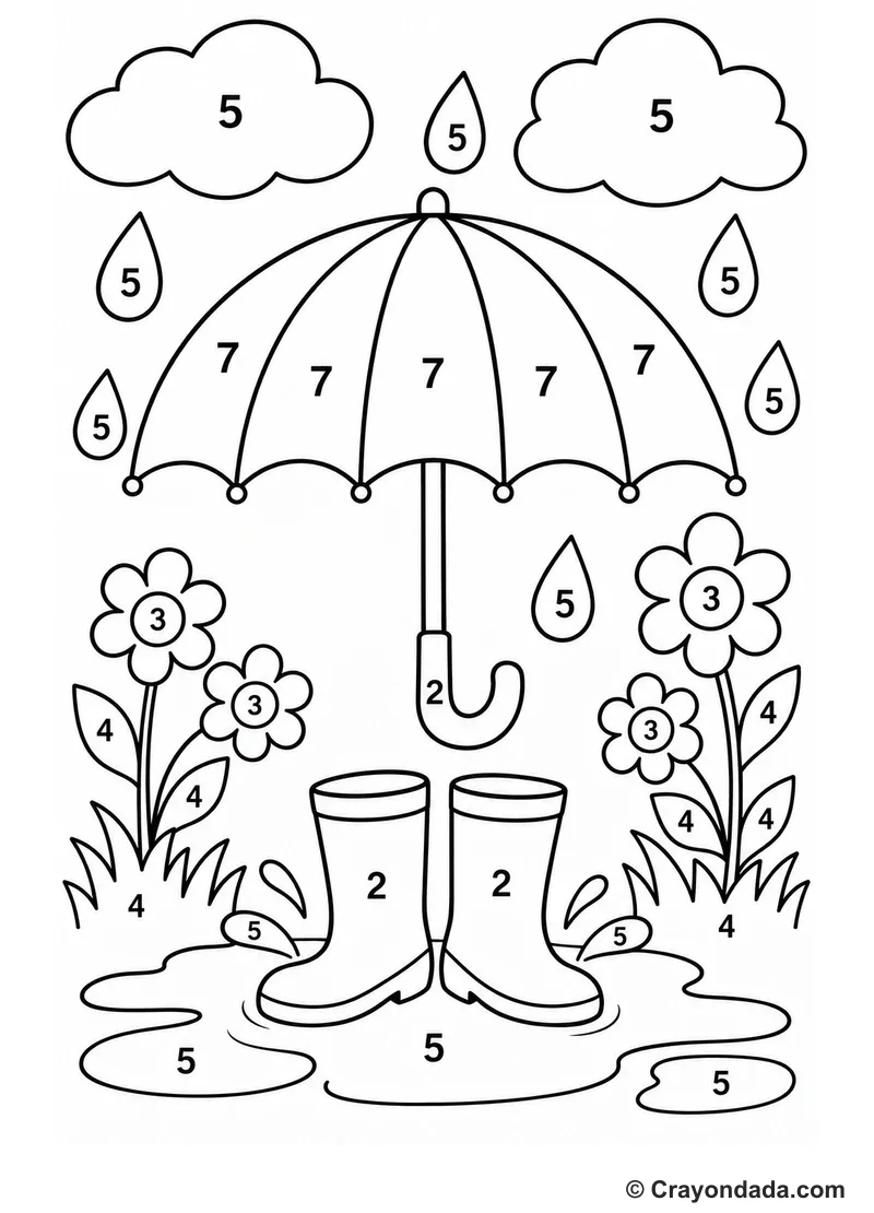 Rain Umbrella Boots Color by Number printable activity