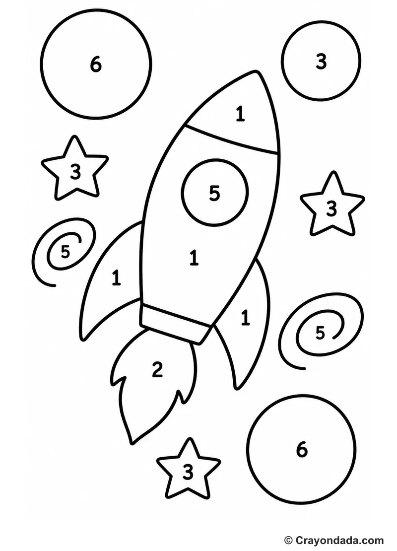 Rocket Simple Space Color by Number printable activity