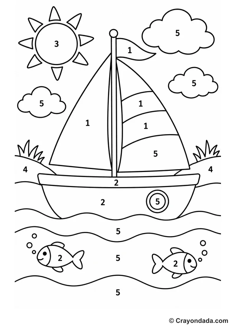Sailboat Sunny Sea Color by Number printable activity