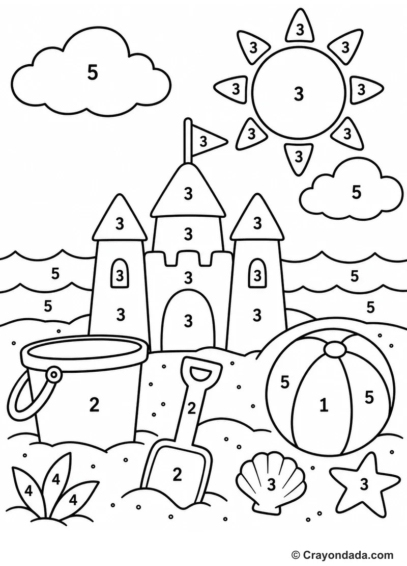 Sandcastle Beach Day Color by Number printable activity