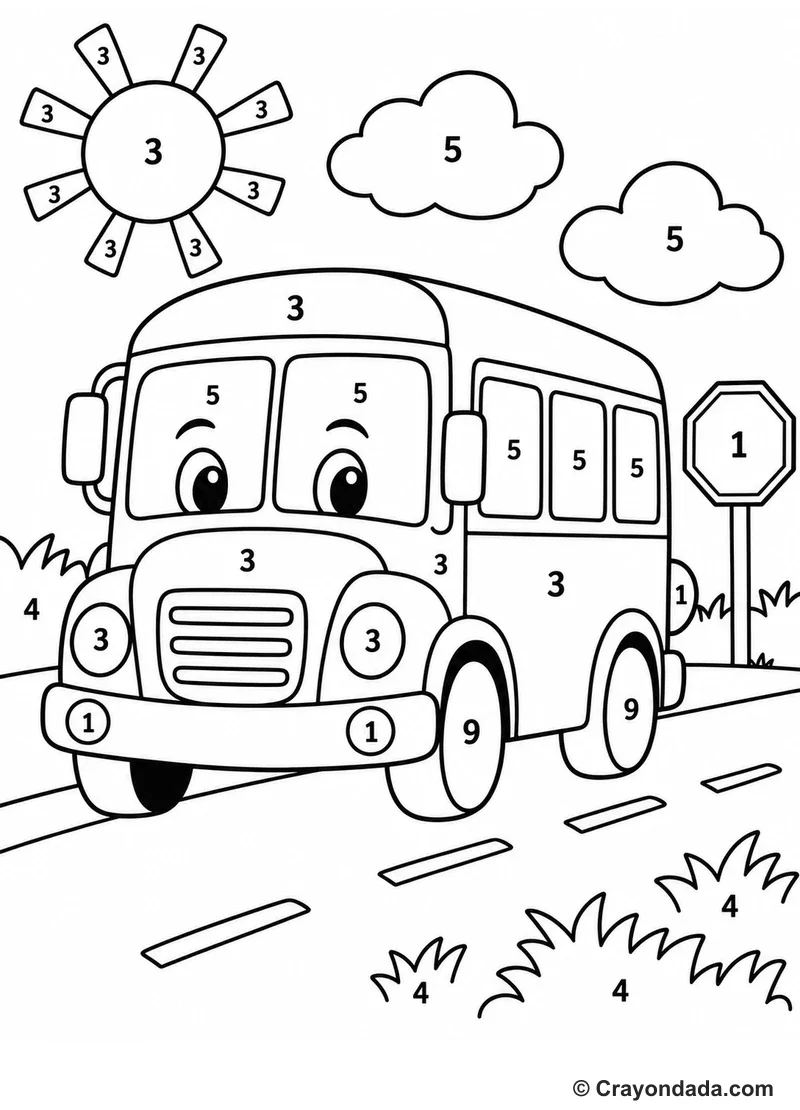 School Bus Road Color by Number printable activity